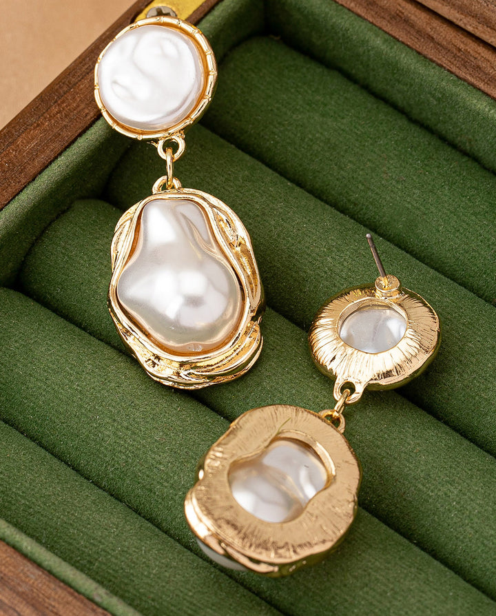 SOLACETwo-Tier Baroque Pearl Hammered Gold Frame Drop Earrings