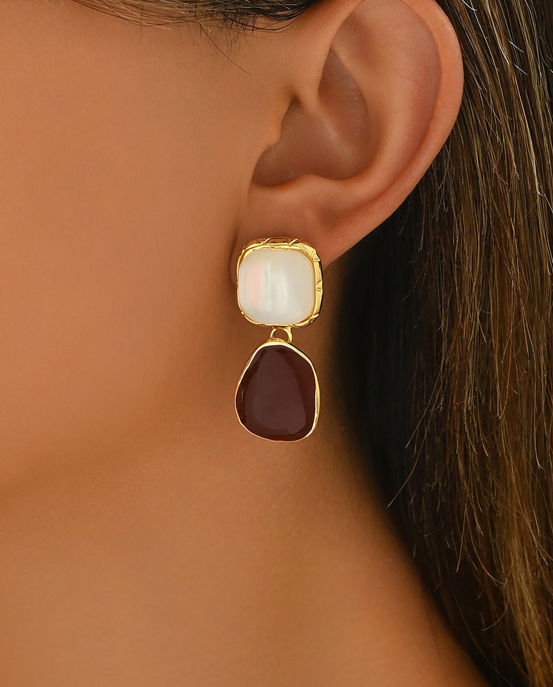 SOLACETwo-Tone Natural Stone Double Drop Gold Frame Dangle Earrings