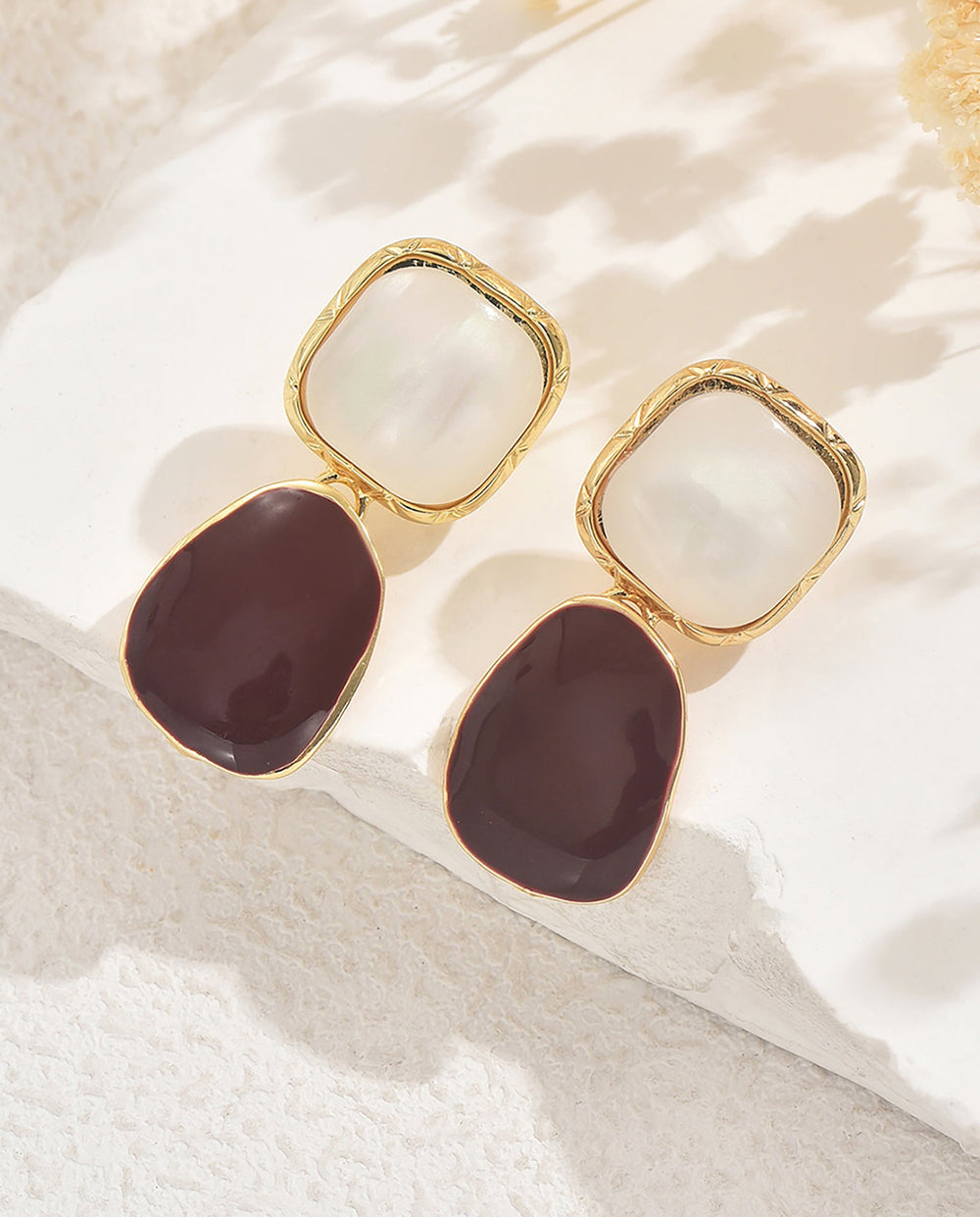 SOLACETwo-Tone Natural Stone Double Drop Gold Frame Dangle Earrings