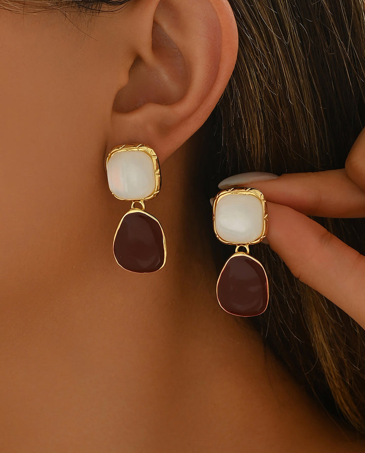 SOLACETwo-Tone Natural Stone Double Drop Gold Frame Dangle Earrings