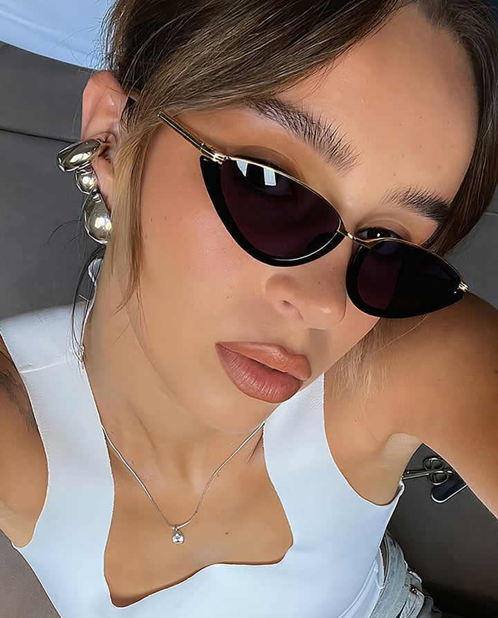 SOLACETwo-tone Metal Rim Cat Eye Sunglasses Black Gold Frame Solid Smoke Lens