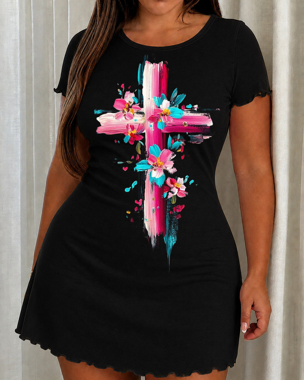 SOLACEVibrant Floral Brush Art Cross Print Nightdress (XS-5XL)