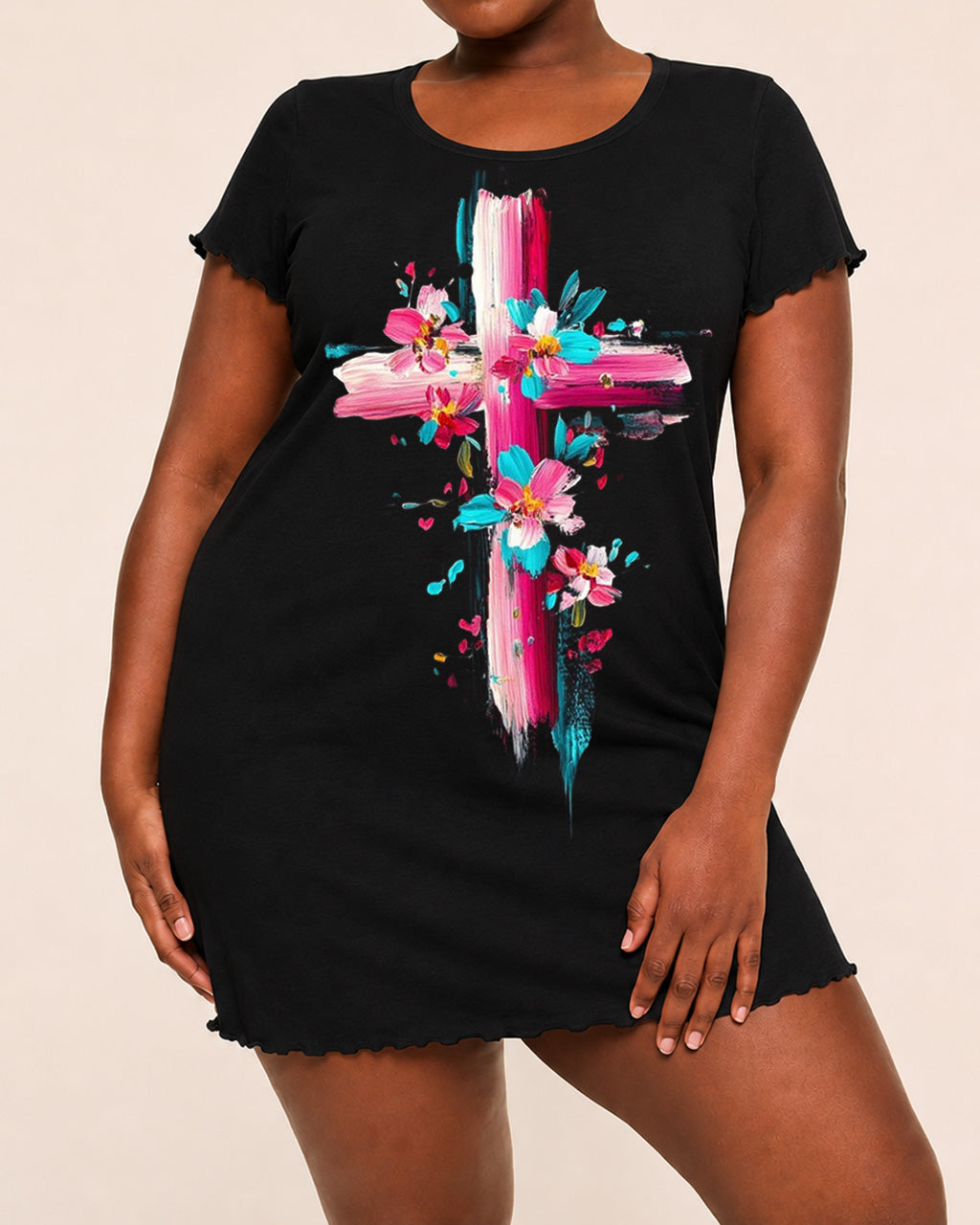 SOLACEVibrant Floral Brush Art Cross Print Nightdress (XS-5XL)