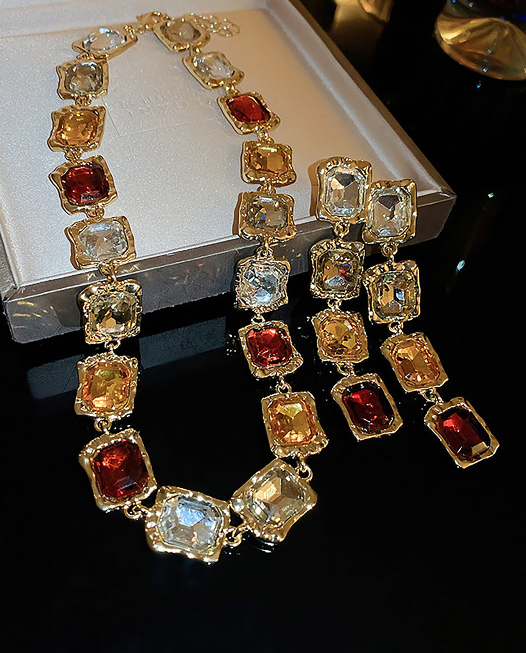 SOLACEVintage Baroque Square Crystal Necklace & Drop Earrings Jewelry Set Red Champagne Clear Rhinestone Gold Plated Jewelry Kit