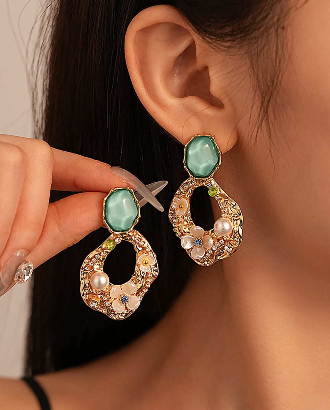 SOLACEVintage Green Gem Floral Pearl Irregular Hollow Drop Earrings