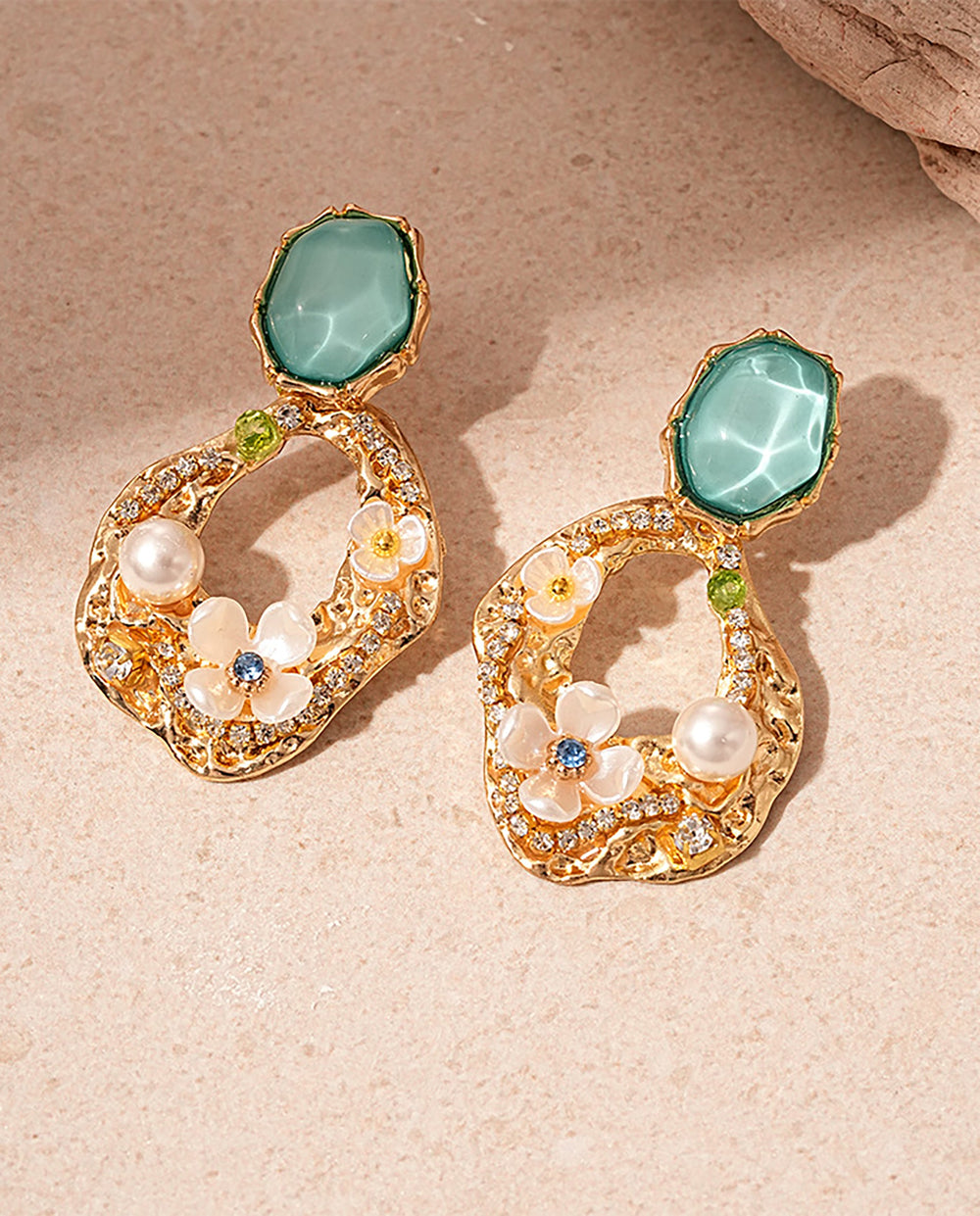 SOLACEVintage Green Gem Floral Pearl Irregular Hollow Drop Earrings