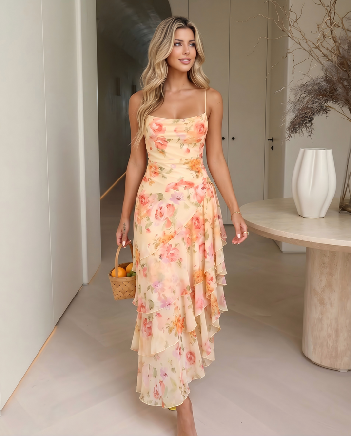 SOLACEWatercolor Floral Spaghetti Strap Ruffle Midi Dress