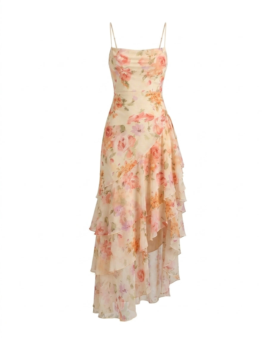 SOLACEWatercolor Floral Spaghetti Strap Ruffle Midi Dress