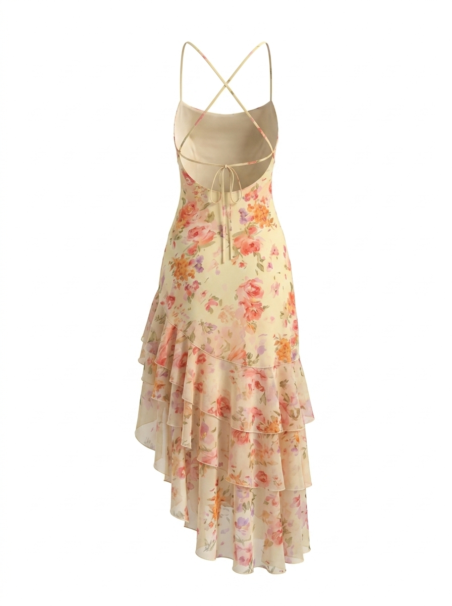 SOLACEWatercolor Floral Spaghetti Strap Ruffle Midi Dress