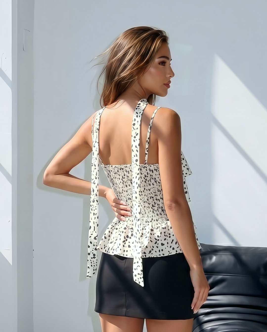 SOLACEWhite Black Dalmatian Spot Tiered Ruffle Cami Top