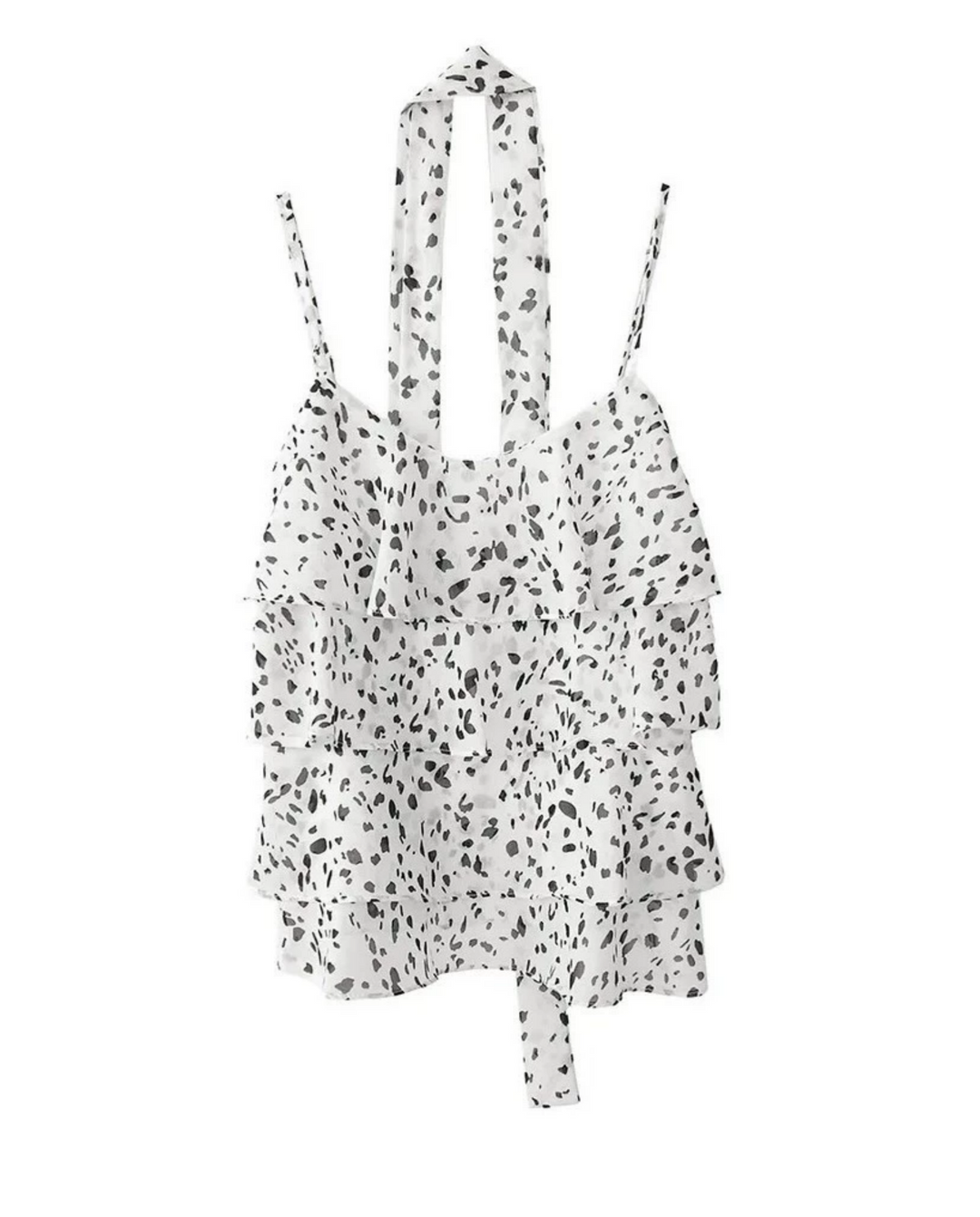 SOLACEWhite Black Dalmatian Spot Tiered Ruffle Cami Top