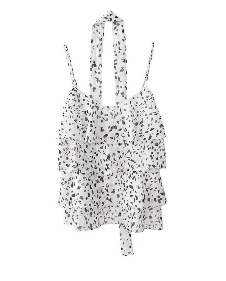 SOLACEWhite Black Dalmatian Spot Tiered Ruffle Cami Top