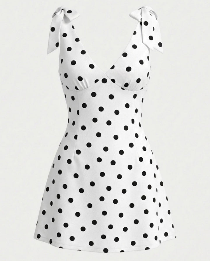 SOLACEWhite Black Polka Dot Print Slim Fit Mini Dress