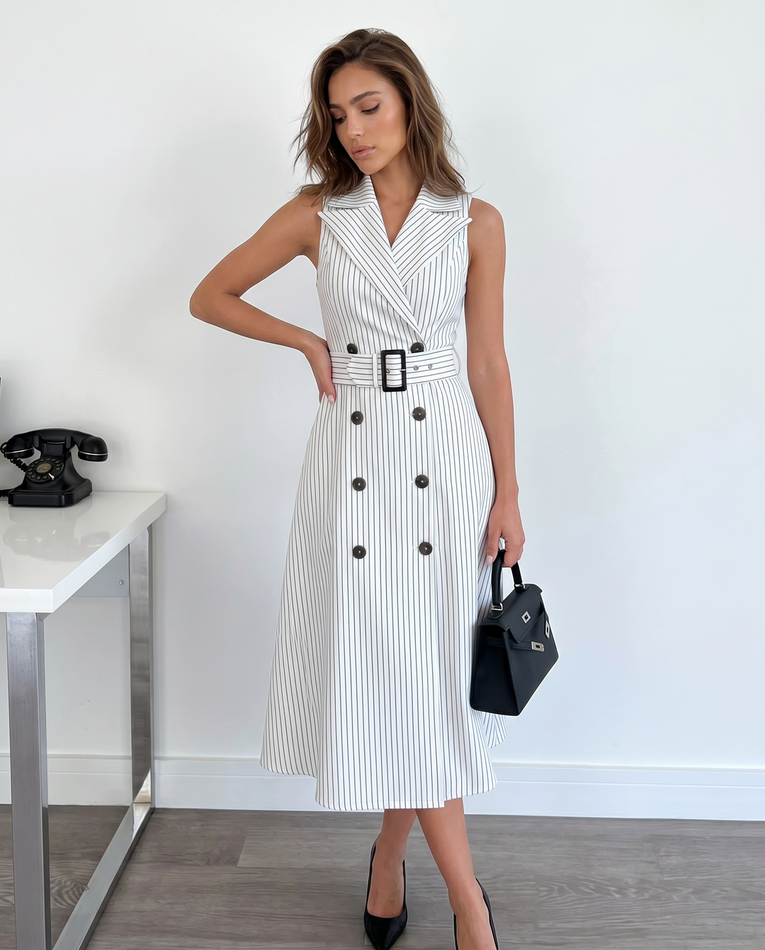 SOLACEWhite Black Vertical Stripe Lapel Sleeveless Double Breasted Belted Midi Dress