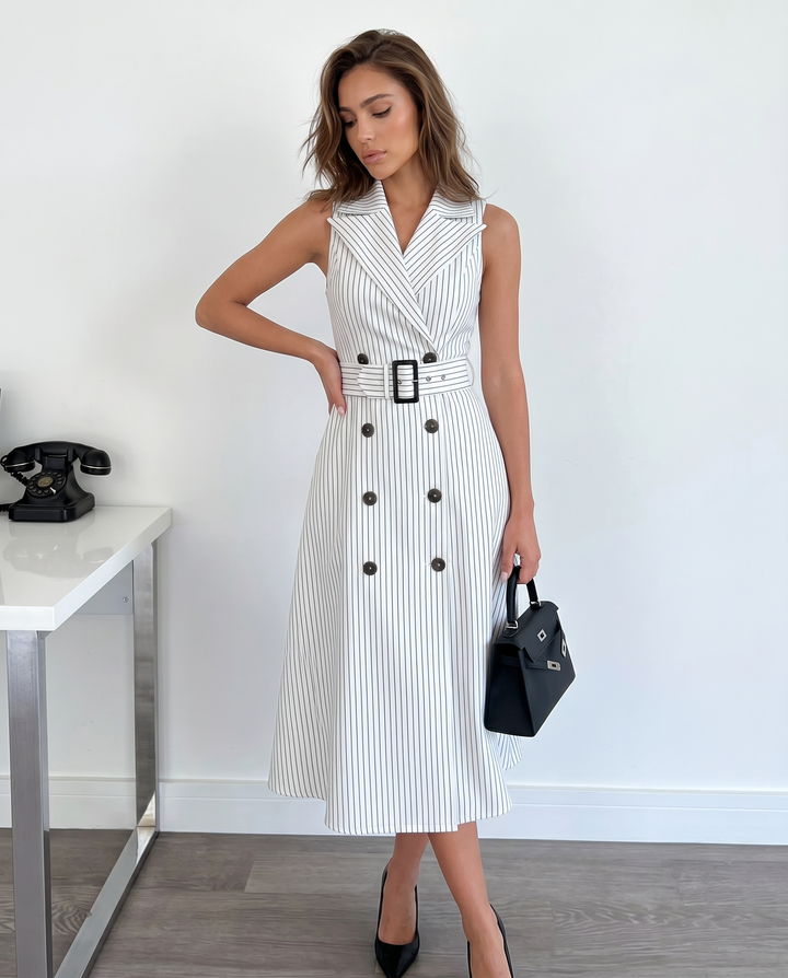 SOLACEWhite Black Vertical Stripe Lapel Sleeveless Double Breasted Belted Midi Dress