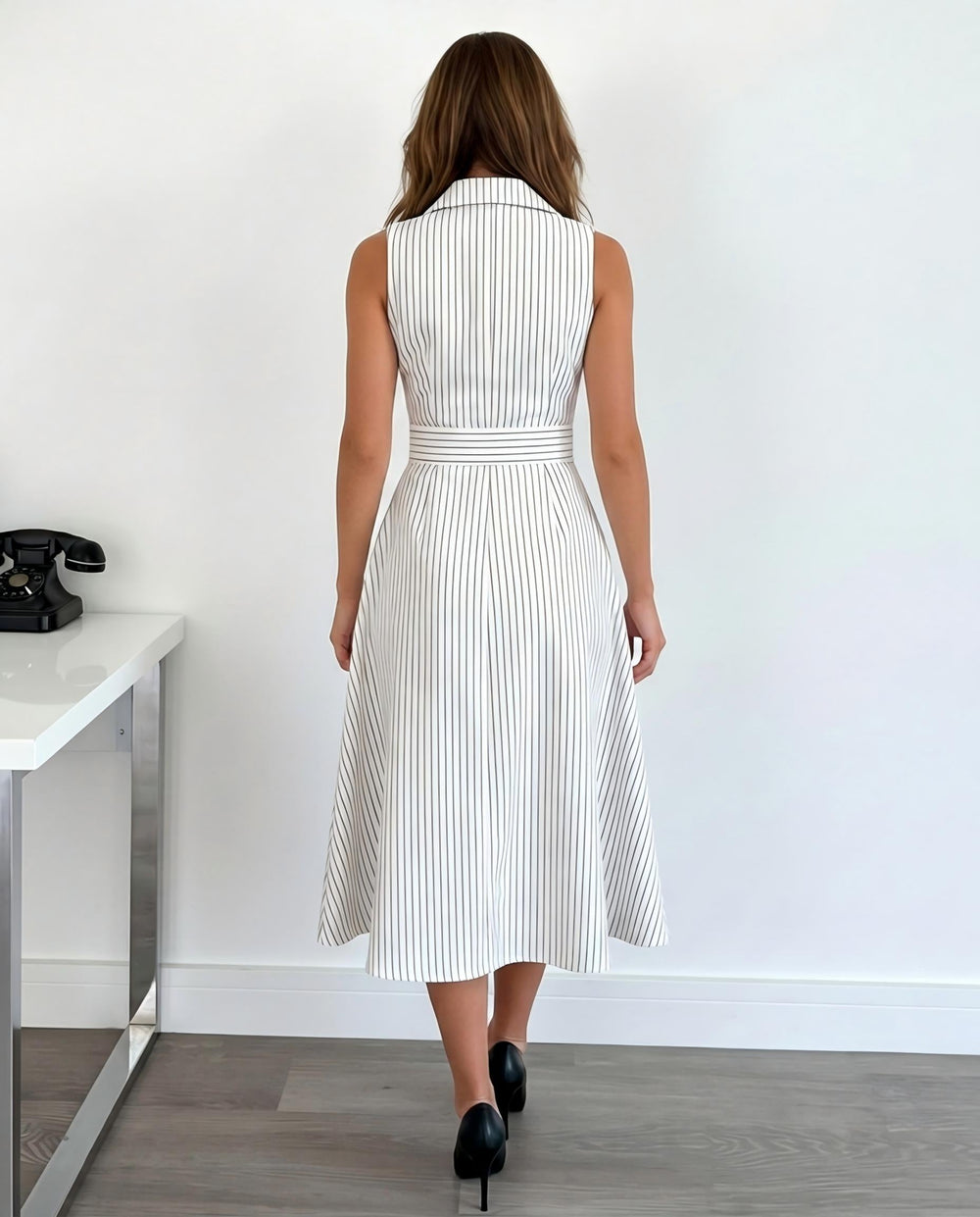 SOLACEWhite Black Vertical Stripe Lapel Sleeveless Double Breasted Belted Midi Dress