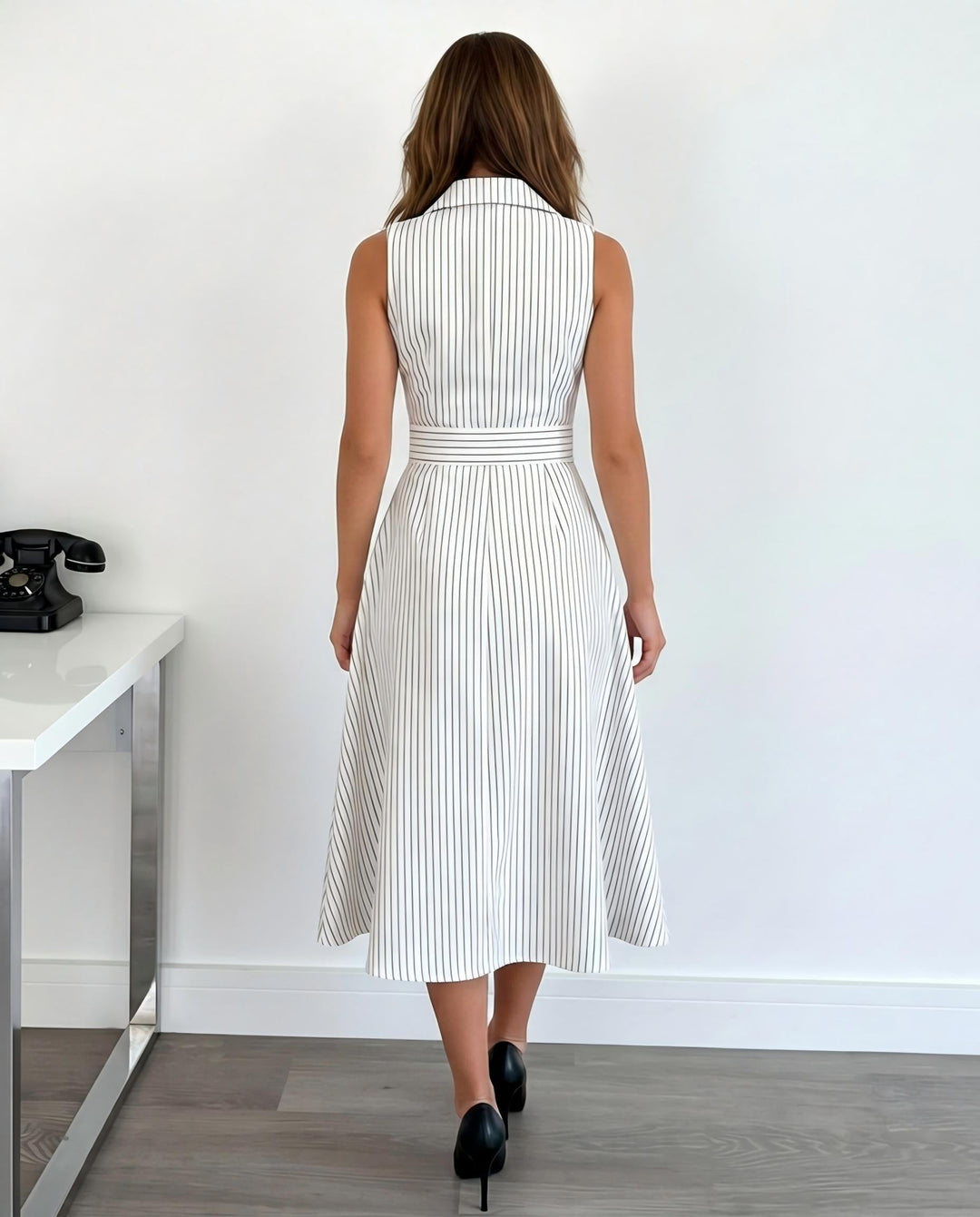 SOLACEWhite Black Vertical Stripe Lapel Sleeveless Double Breasted Belted Midi Dress