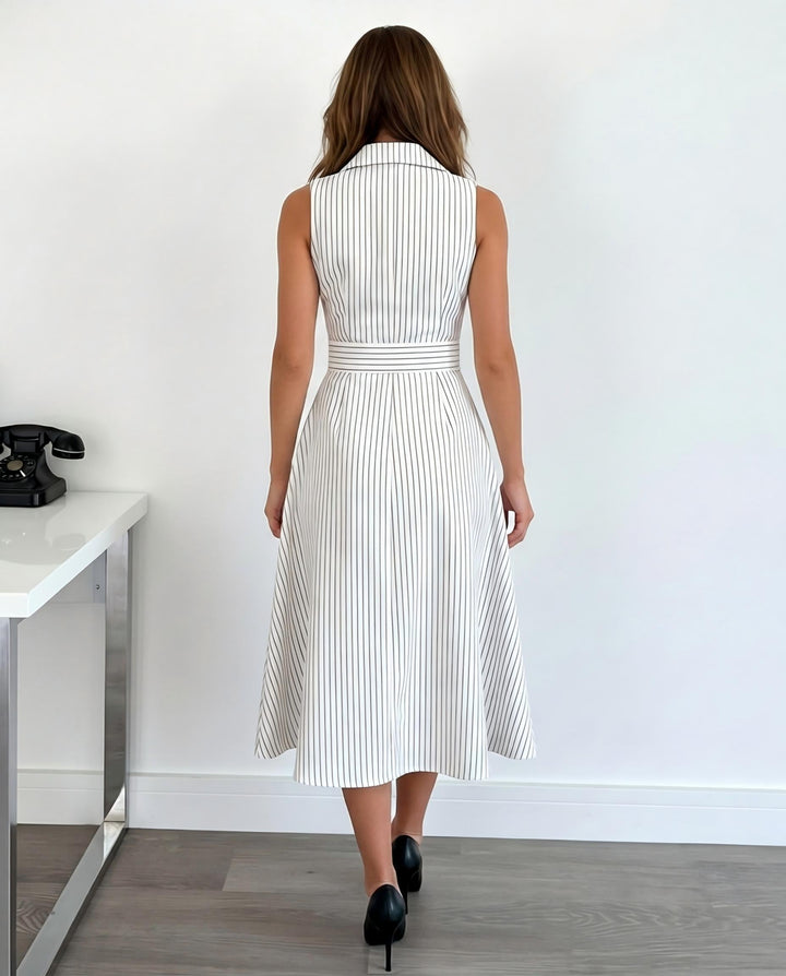 SOLACEWhite Black Vertical Stripe Lapel Sleeveless Double Breasted Belted Midi Dress