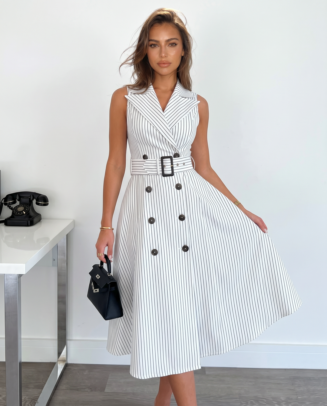 SOLACEWhite Black Vertical Stripe Lapel Sleeveless Double Breasted Belted Midi Dress