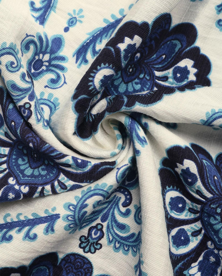 SOLACEWhite Blue Floral Print Ruffle Sleeve Midi Dress