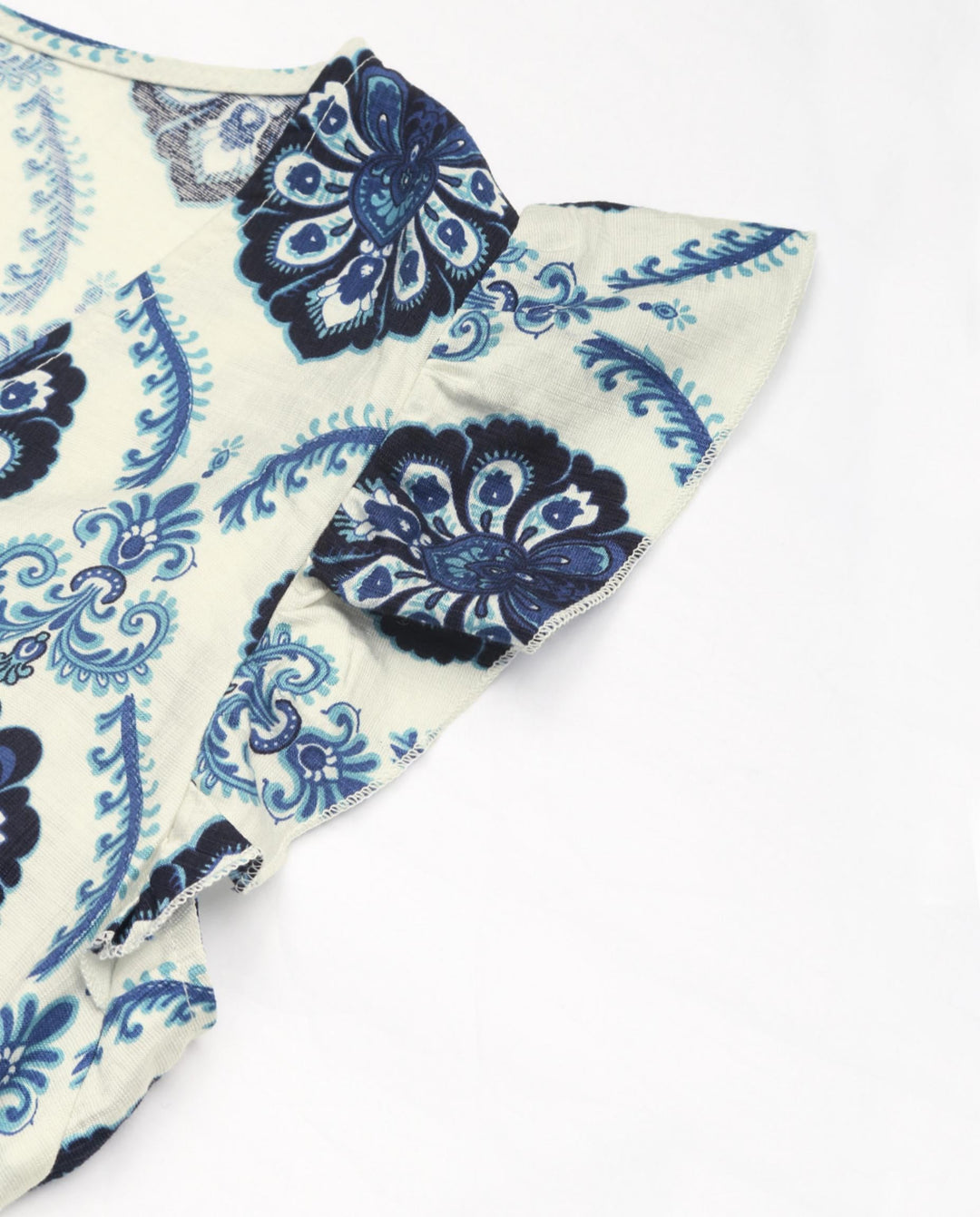 SOLACEWhite Blue Floral Print Ruffle Sleeve Midi Dress