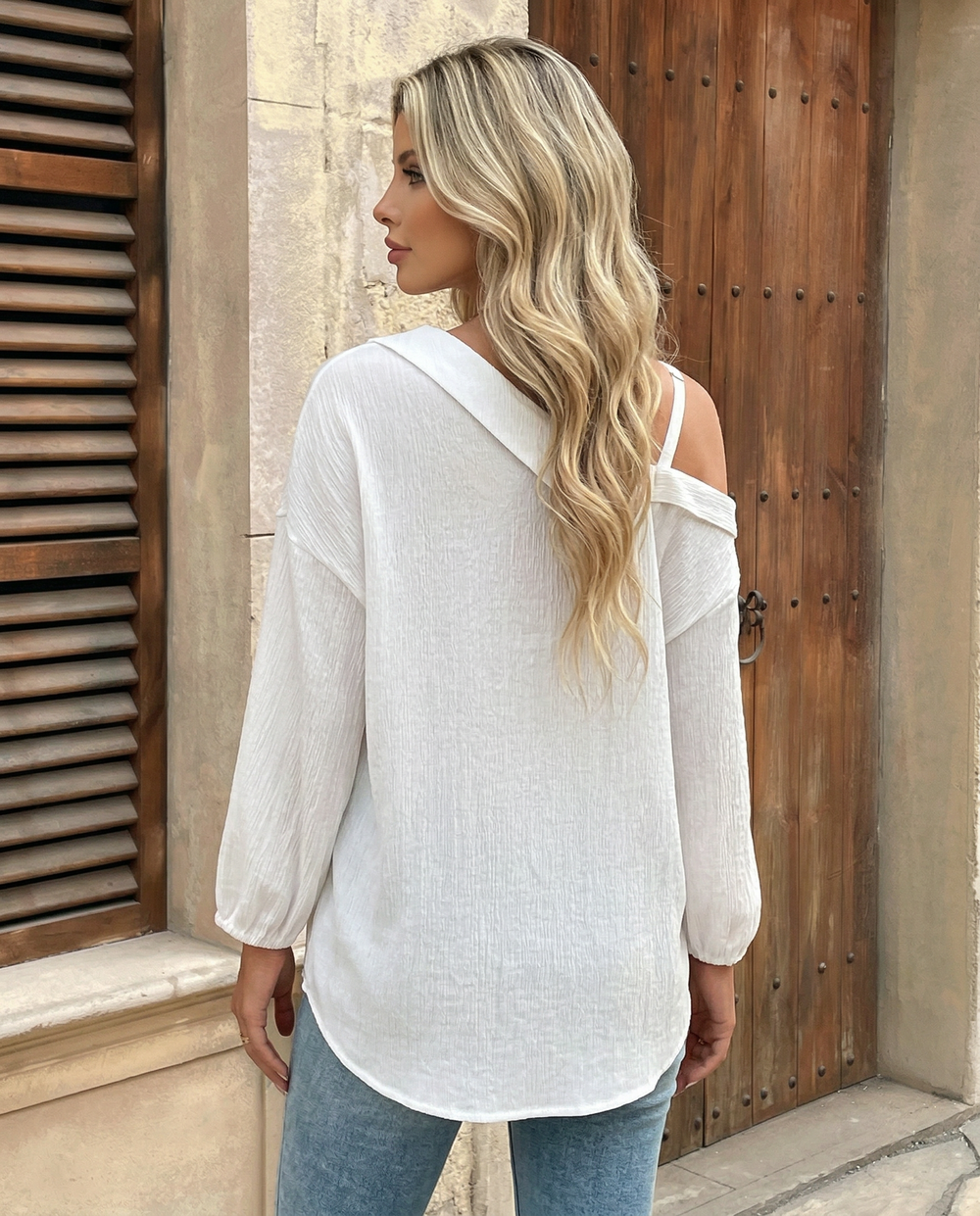 SOLACEWhite Cold Shoulder Button Front Long Sleeve Blouse