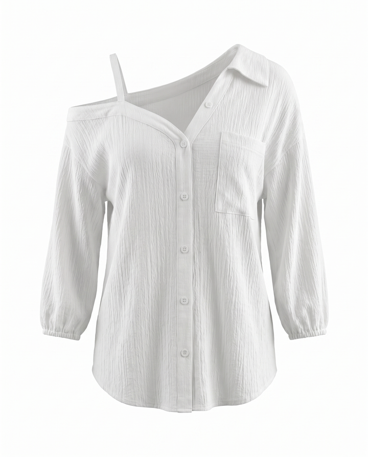 SOLACEWhite Cold Shoulder Button Front Long Sleeve Blouse