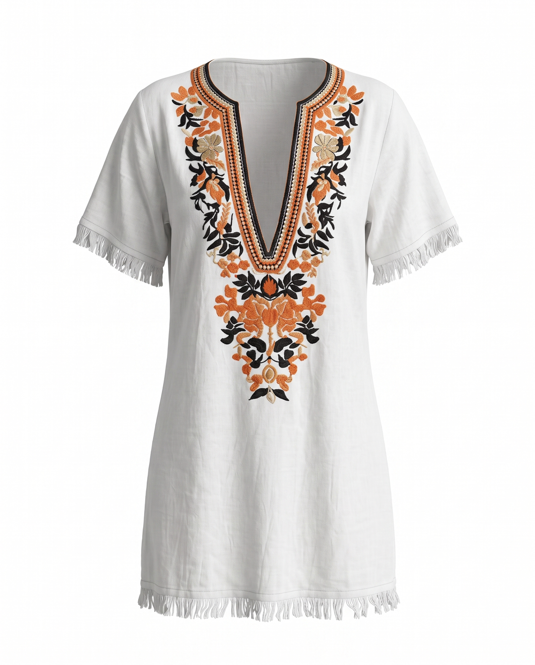 SOLACEWhite Embroidered V Neck Fringe Hem Mini Dress