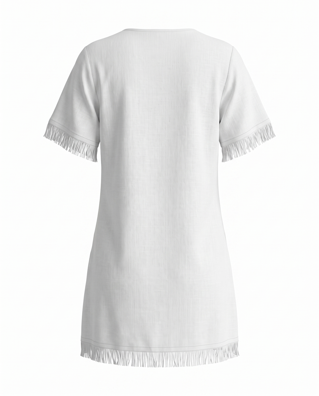 SOLACEWhite Embroidered V Neck Fringe Hem Mini Dress
