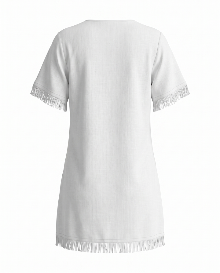 SOLACEWhite Embroidered V Neck Fringe Hem Mini Dress