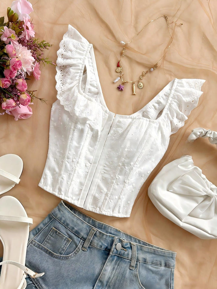 SOLACEWhite Eyelet Embroidered Ruffle Strap Corset Top