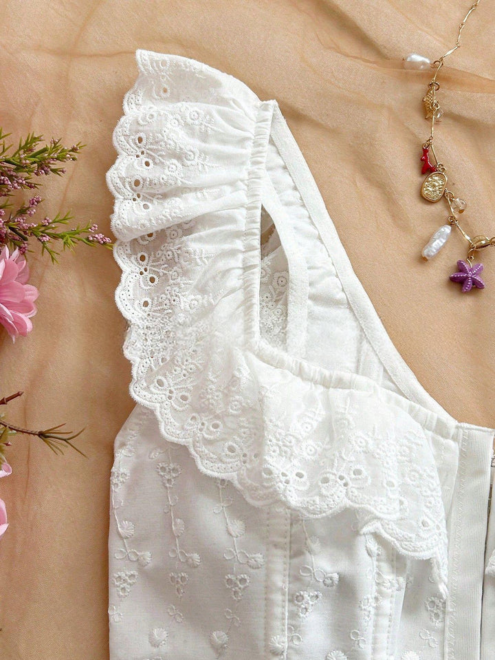 SOLACEWhite Eyelet Embroidered Ruffle Strap Corset Top