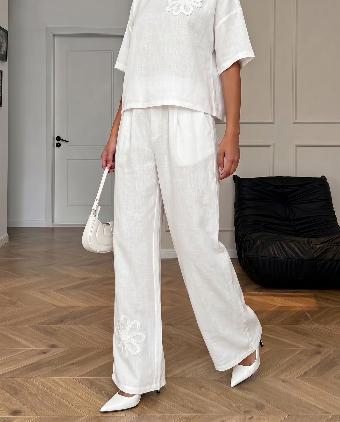 SOLACEWhite Floral Cutout Linen Blend Two Piece Set