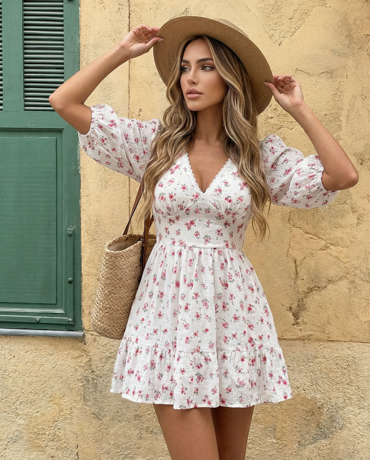 SOLACEWhite Floral Print Lace Trim Puff Sleeve Mini Dress