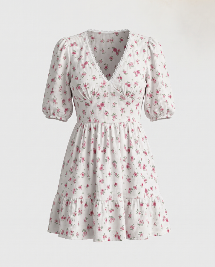 SOLACEWhite Floral Print Lace Trim Puff Sleeve Mini Dress