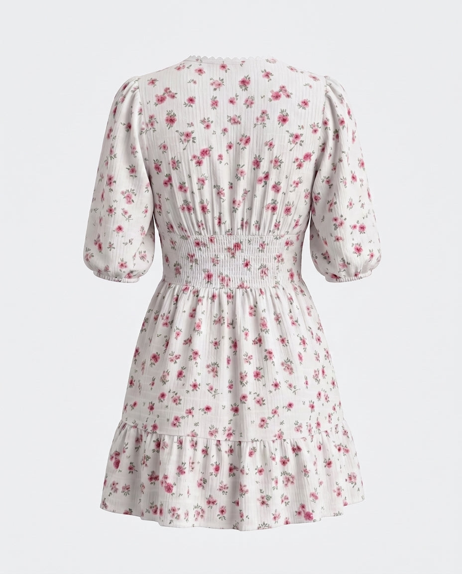 SOLACEWhite Floral Print Lace Trim Puff Sleeve Mini Dress