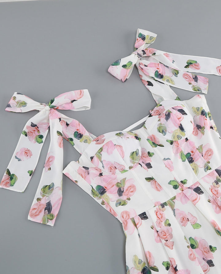 SOLACEWhite Floral Print Off Shoulder Chiffon Midi Dress