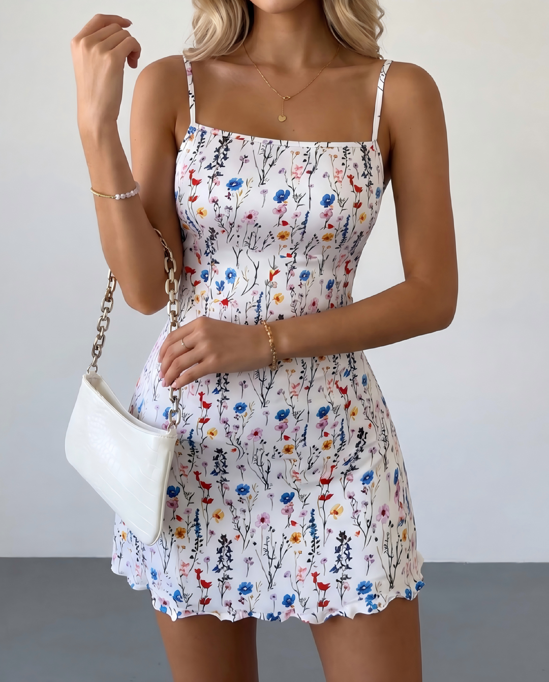 SOLACEWhite Floral Print Square Neck Spaghetti Strap Mini Dress