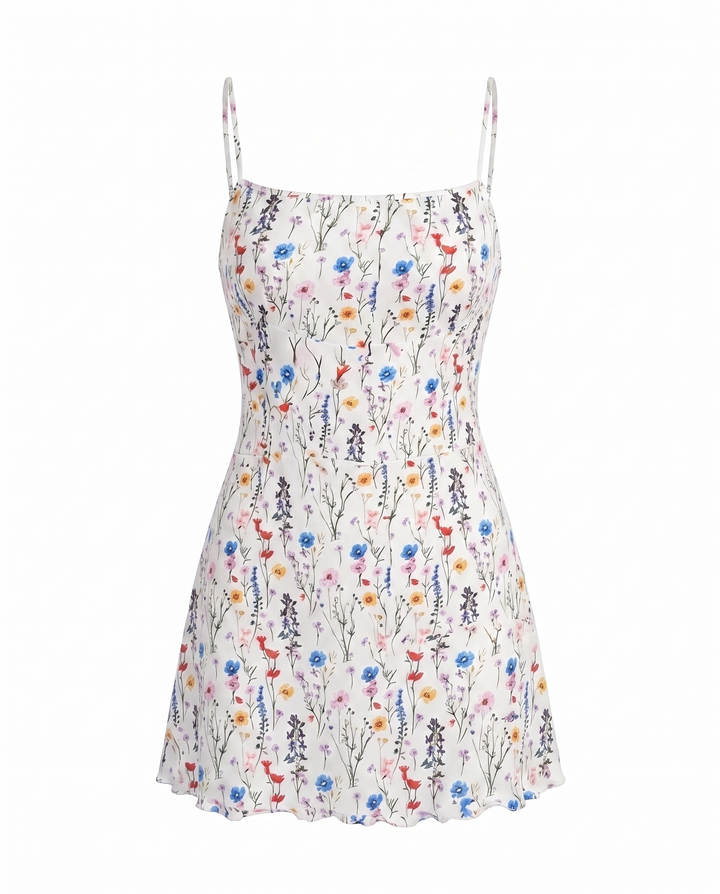 SOLACEWhite Floral Print Square Neck Spaghetti Strap Mini Dress