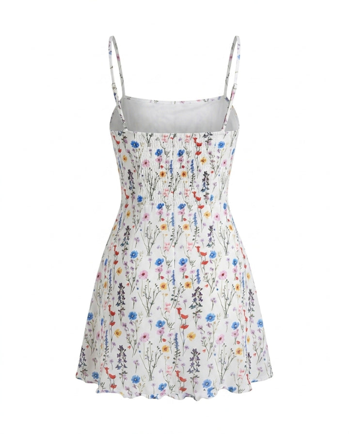 SOLACEWhite Floral Print Square Neck Spaghetti Strap Mini Dress