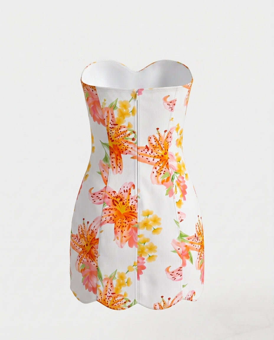 SOLACEWhite Floral Print Strapless Sweetheart Neck Scallop Hem Mini Dress