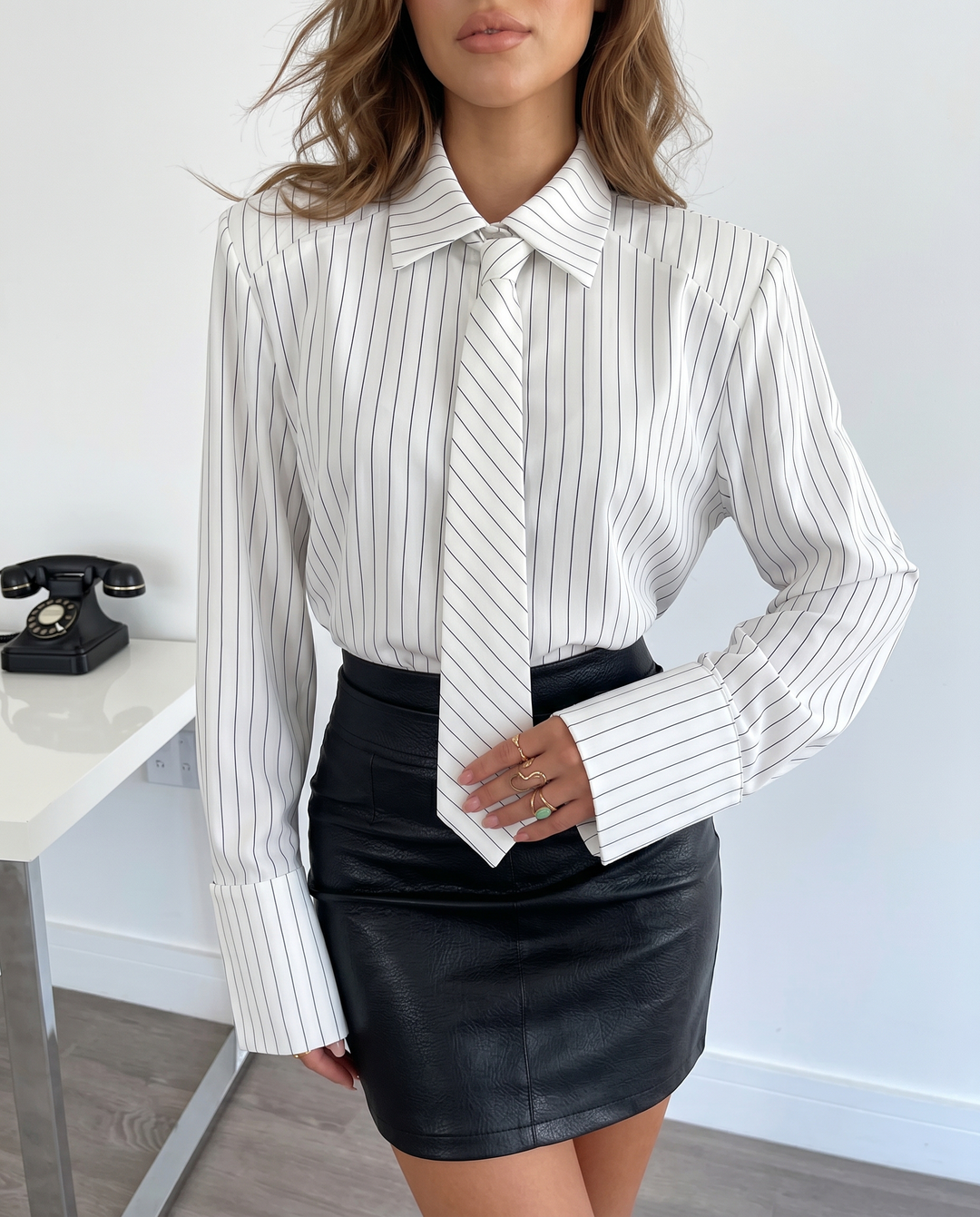 SOLACEWhite Grey Vertical Stripe Collared Detachable Tie Long Sleeve Shirt