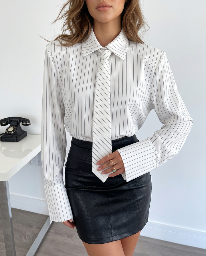 SOLACEWhite Grey Vertical Stripe Collared Detachable Tie Long Sleeve Shirt