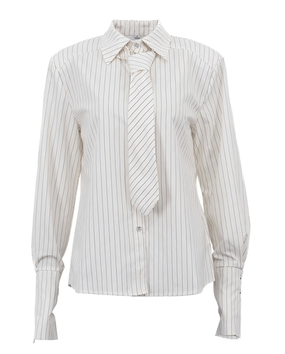 SOLACEWhite Grey Vertical Stripe Collared Detachable Tie Long Sleeve Shirt