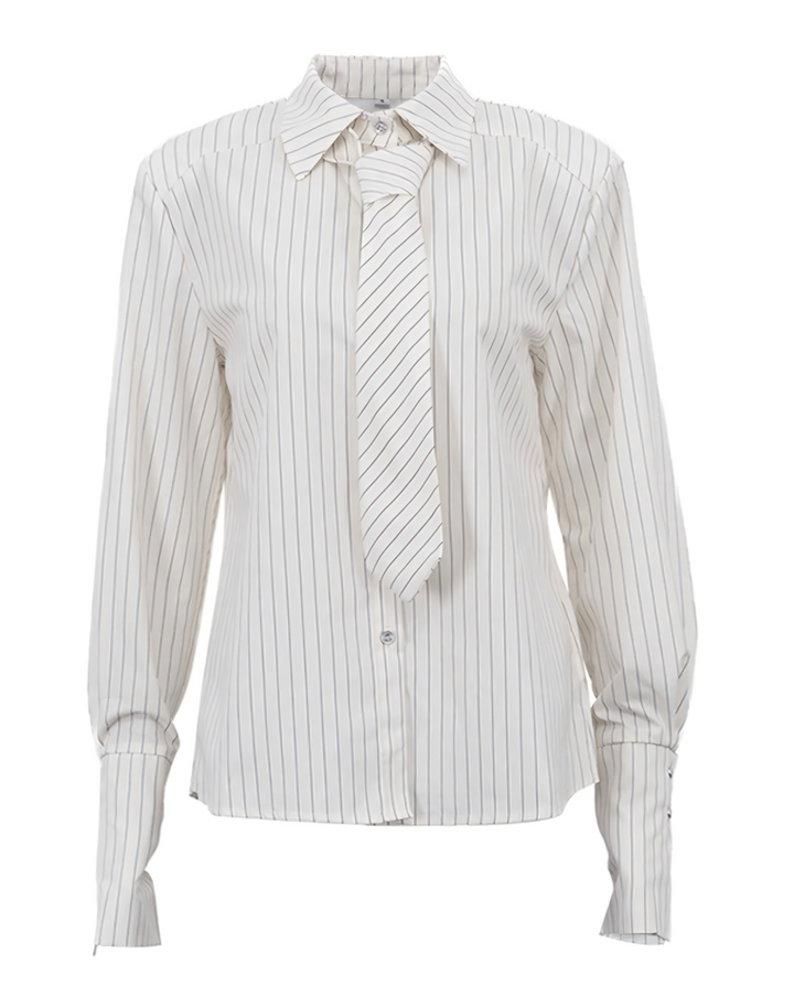 SOLACEWhite Grey Vertical Stripe Collared Detachable Tie Long Sleeve Shirt