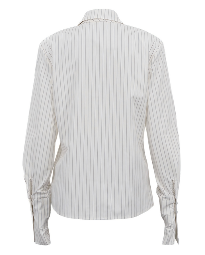 SOLACEWhite Grey Vertical Stripe Collared Detachable Tie Long Sleeve Shirt