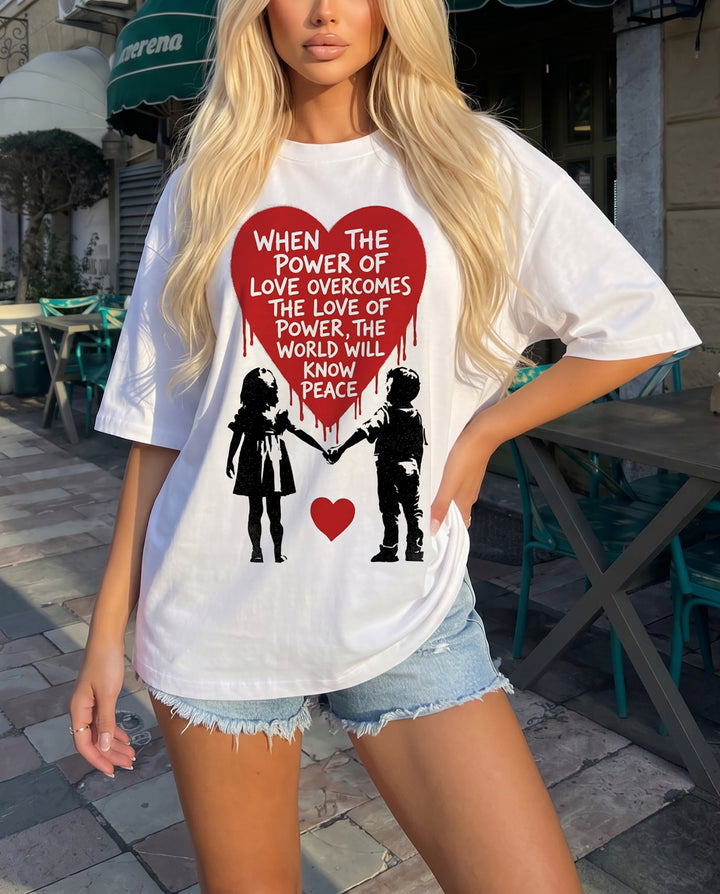 SOLACEWhite Heart Holding Hands Kids Peace Quote Graphic Oversized T-Shirt