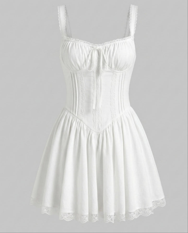 SOLACEWhite Lace Trim Corset A-Line Mini Dress