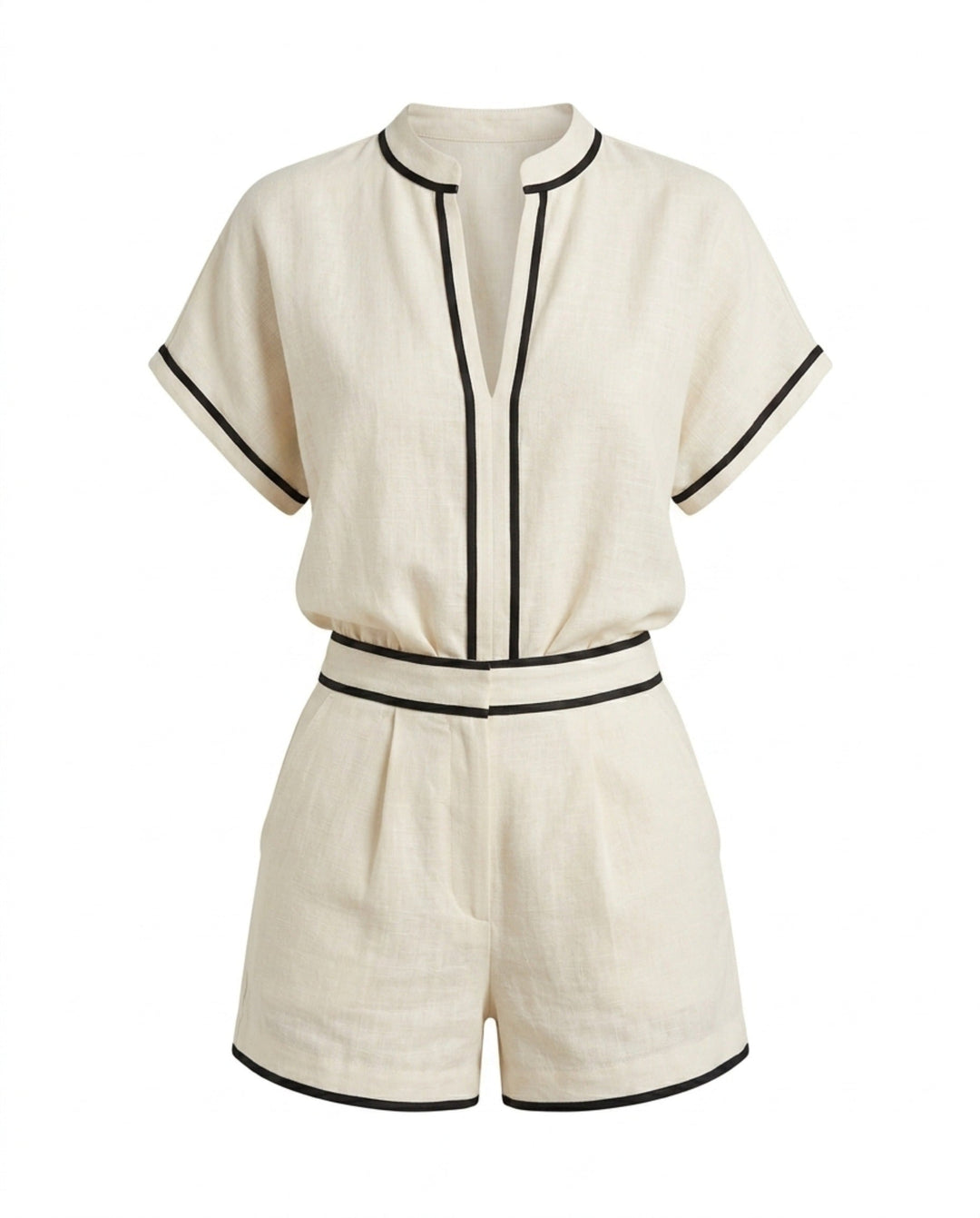 SOLACEWhite Linen Blend Contrast Collared Neck Short Sleeve Blouse Top