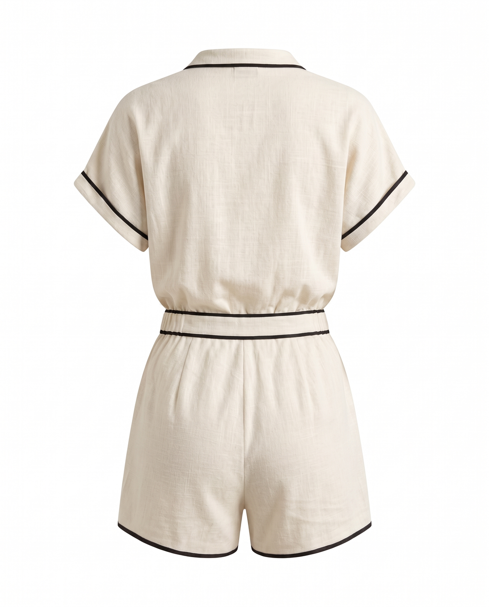 SOLACEWhite Linen Blend Contrast Collared Neck Short Sleeve Blouse Top